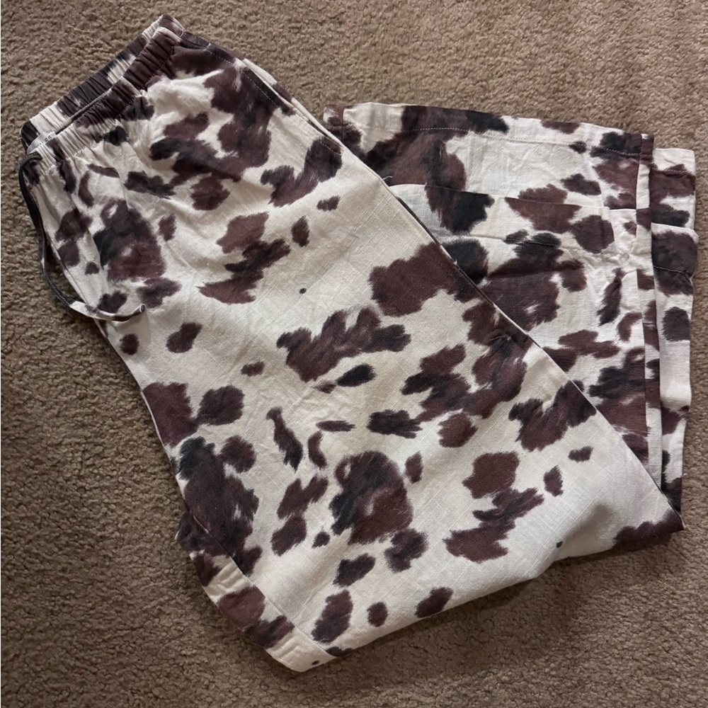 Sincerely Jules Cow-Spot Drawstring Pants — Brown and Cream